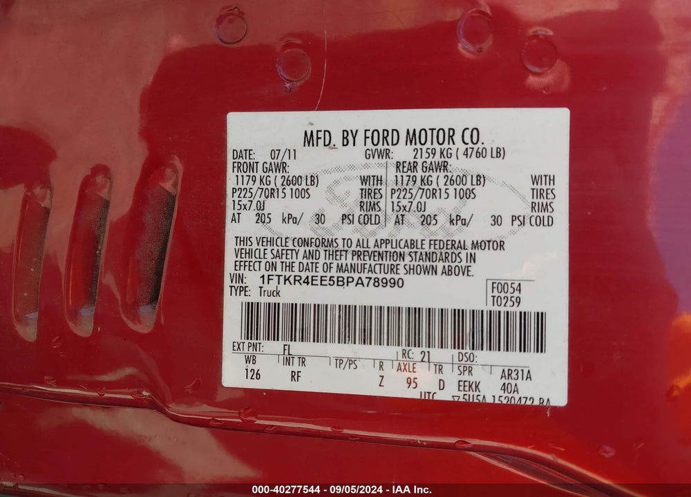 2011 FORD RANGER XLT VIN: 1FTKR4EE5BPA78990
