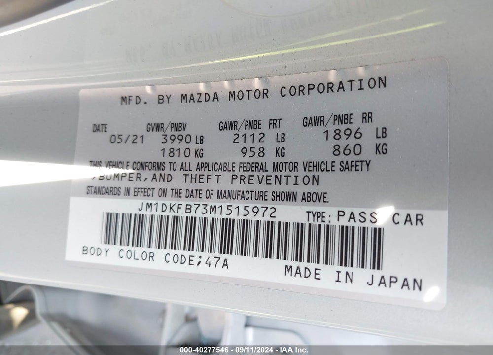 2021 MAZDA CX-3 SPORT VIN: JM1DKFB73M1515972
