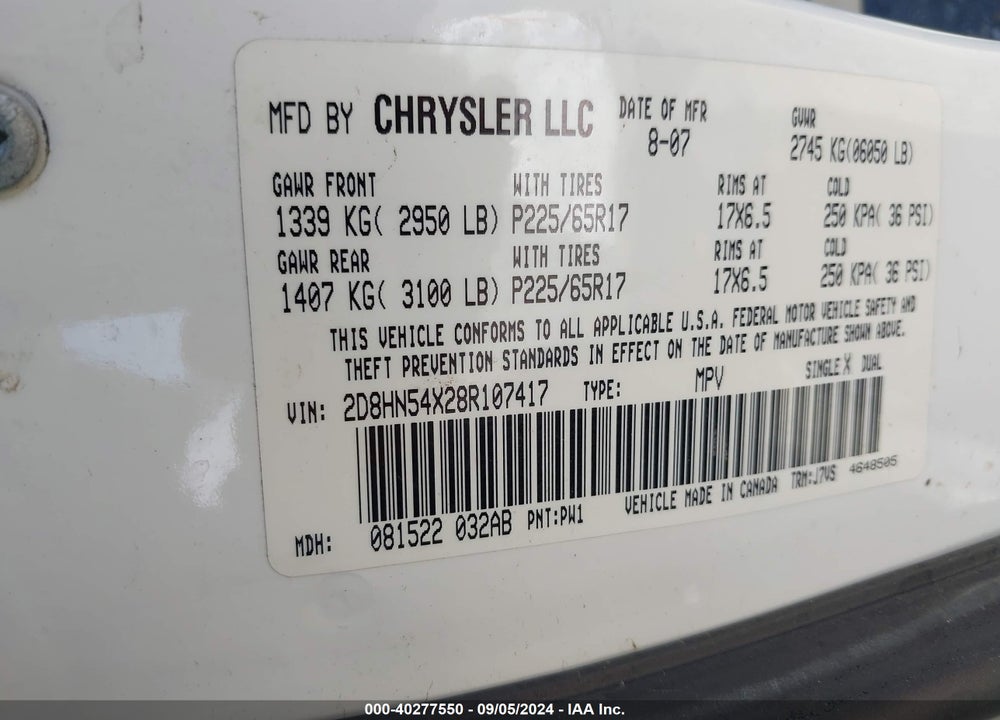 2008 DODGE GRAND CARAVAN SXT VIN: 2D8HN54X28R107417