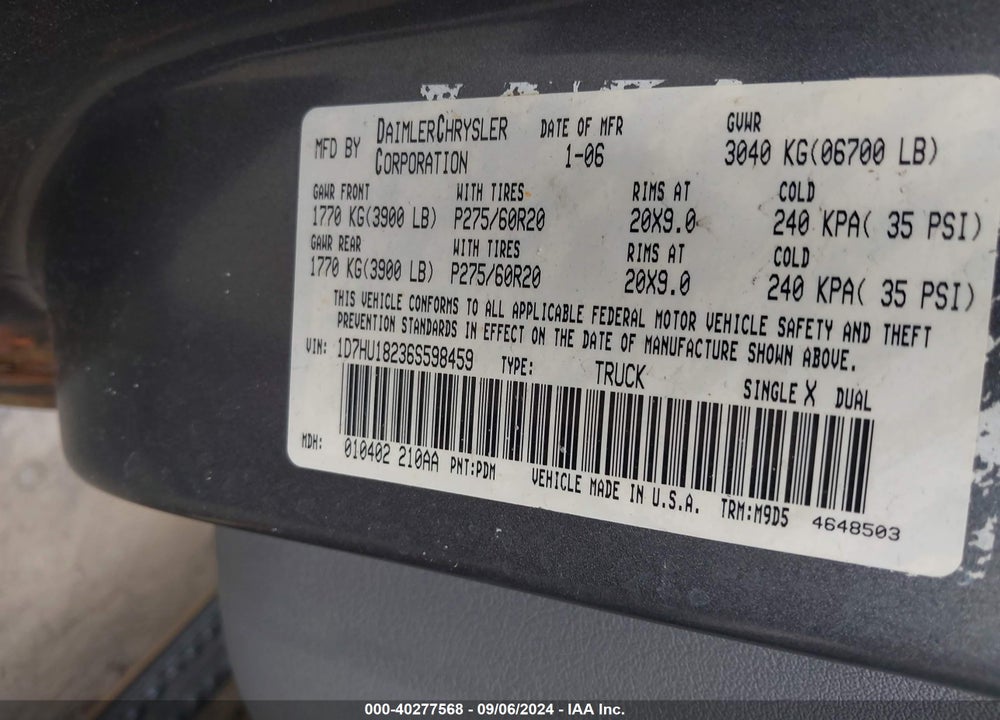 2006 DODGE RAM 1500 SLT VIN: 1D7HU18236S598459