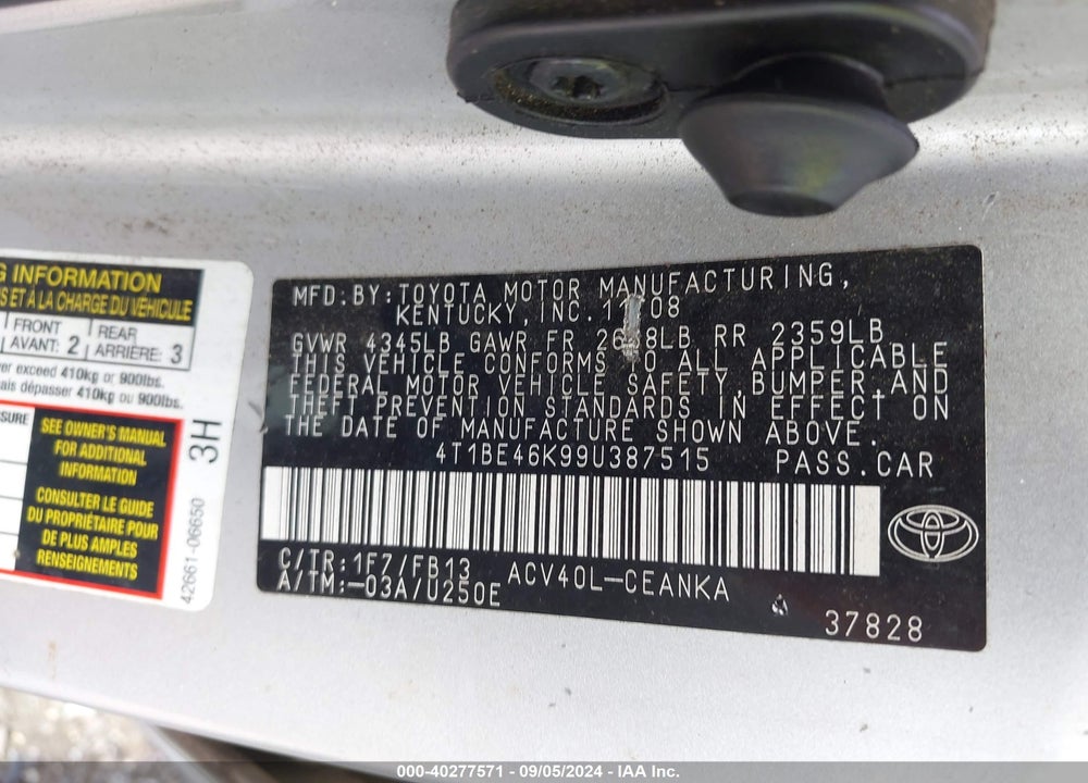 2009 TOYOTA CAMRY LE VIN: 4T1BE46K99U387515