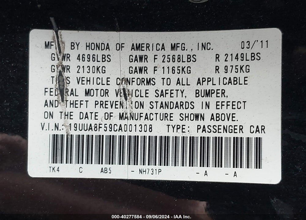 2012 ACURA TL 3.5 VIN: 19UUA8F59CA001308