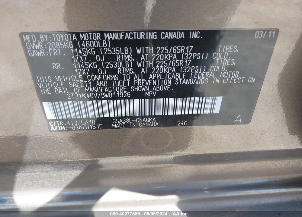 2011 TOYOTA RAV4 LIMITED V6 VIN: 2T3YK4DV7BW011926