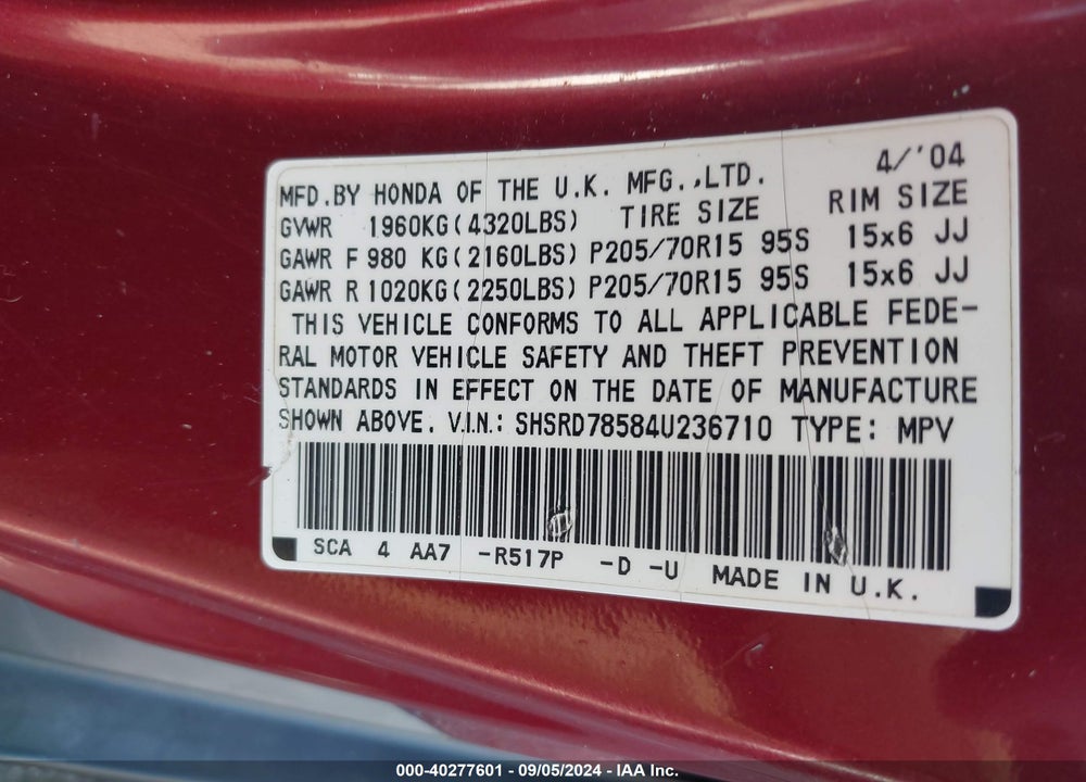 2004 HONDA CR-V LX VIN: SHSRD78584U236710