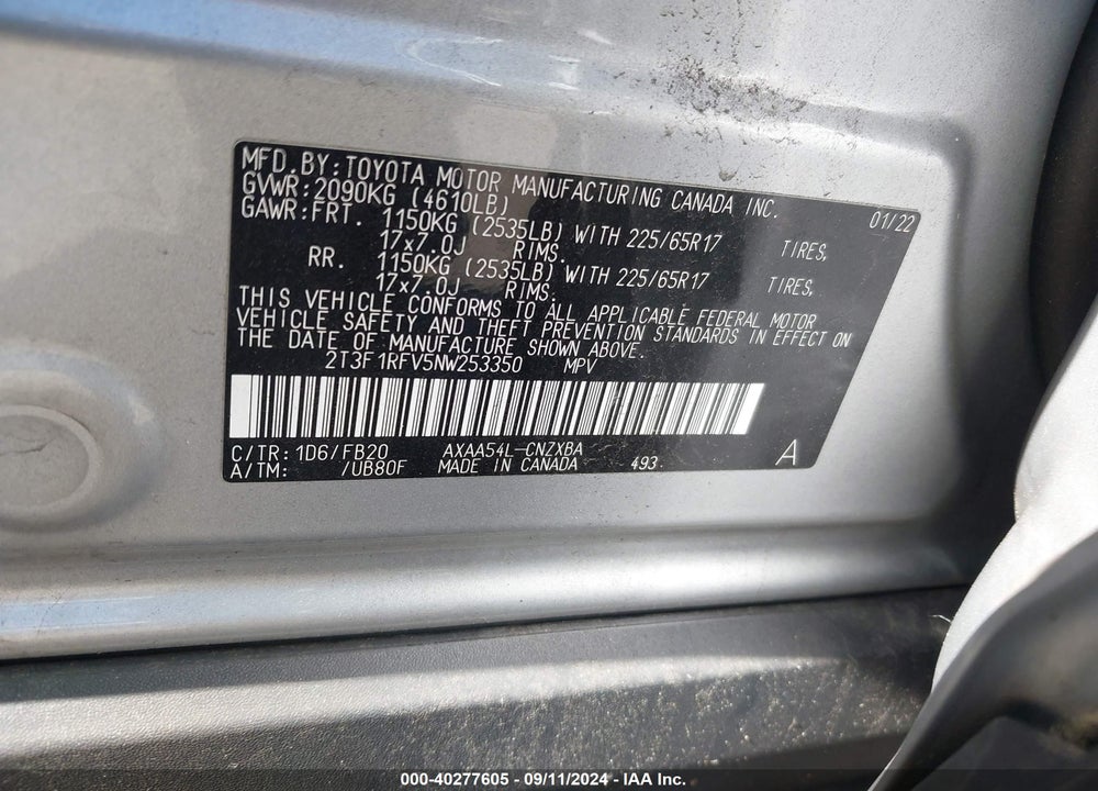 2022 TOYOTA RAV4 LE VIN: 2T3F1RFV5NW253350