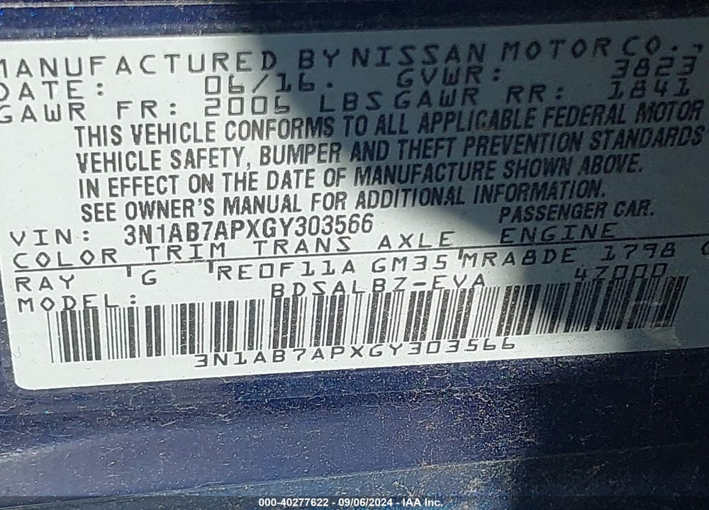 2016 NISSAN SENTRA S VIN: 3N1AB7APXGY303566
