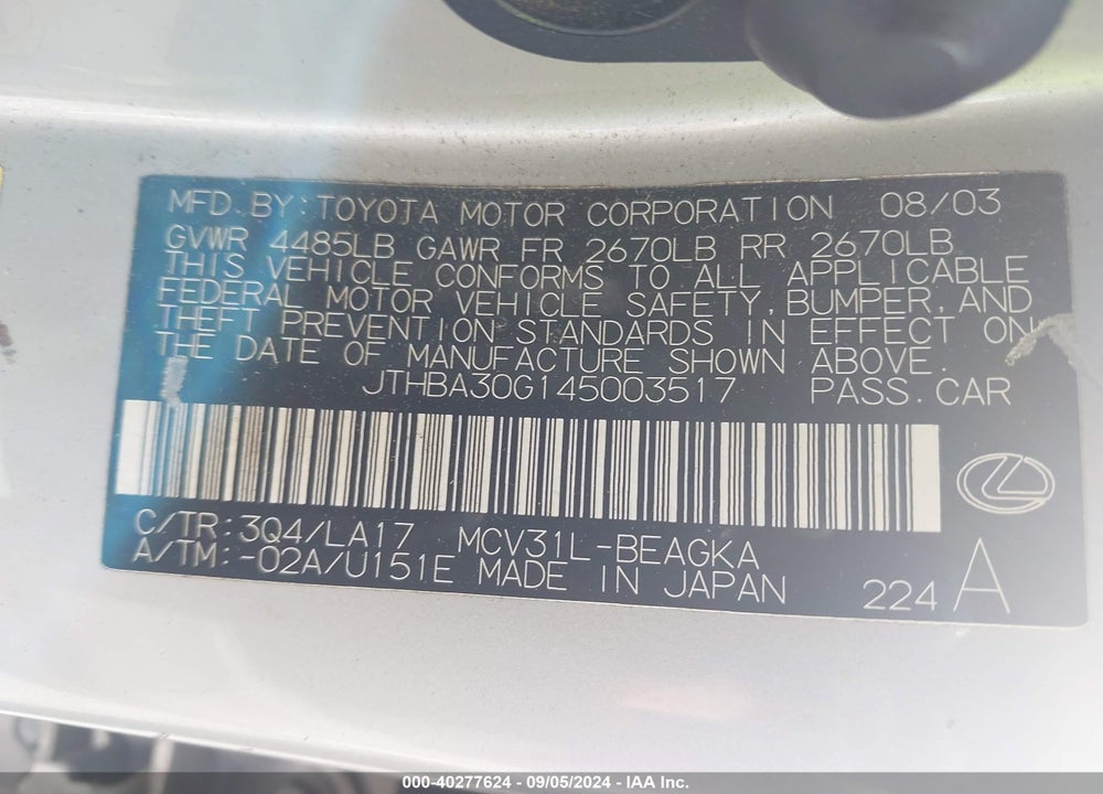 2004 LEXUS ES 330 VIN: JTHBA30G145003517