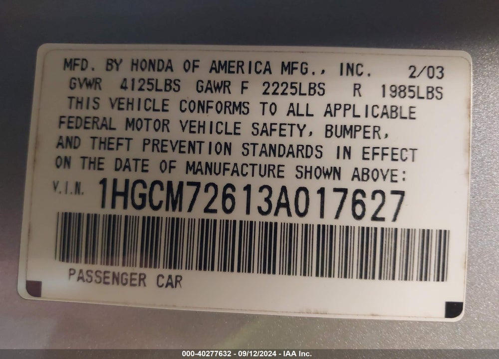 2003 HONDA ACCORD VIN: 1HGCM72613A017627