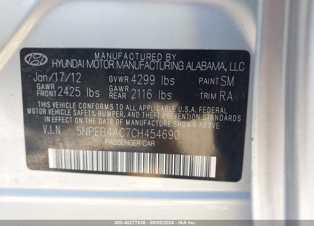 2012 HYUNDAI SONATA GLS VIN: 5NPEB4AC7CH454690