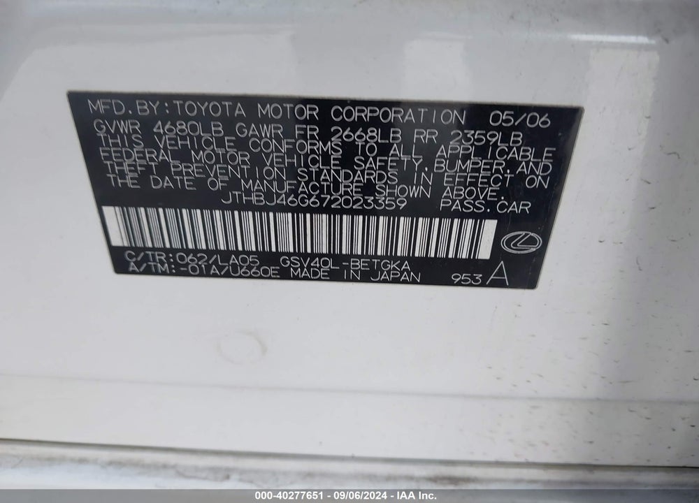 2007 LEXUS ES 350 VIN: JTHBJ46G672023359