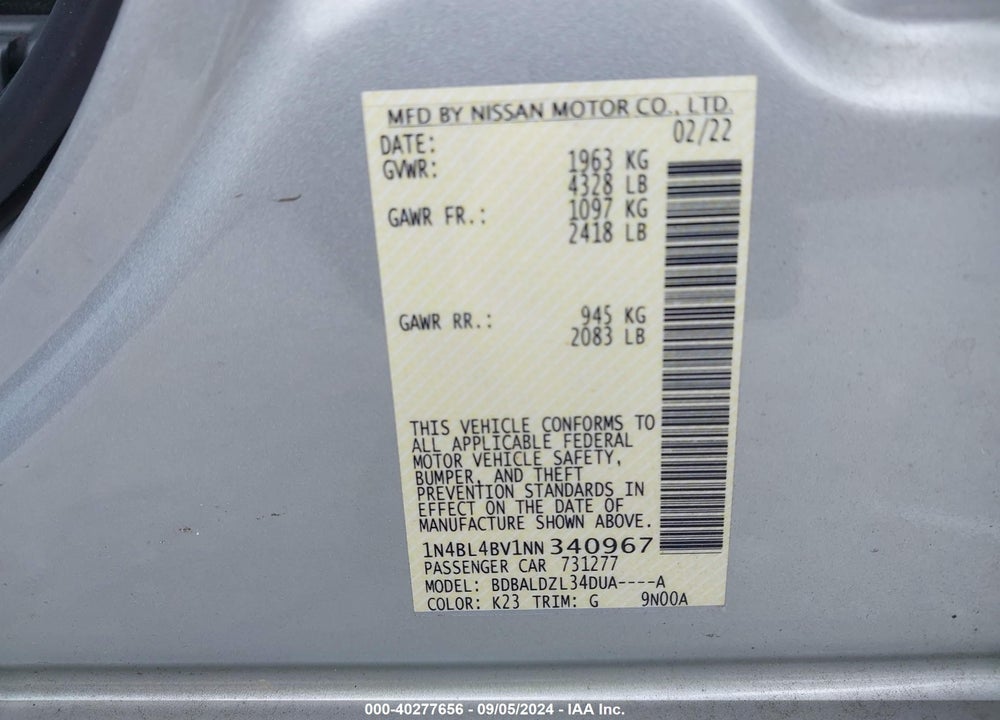 2022 NISSAN ALTIMA S FWD VIN: 1N4BL4BV1NN340967