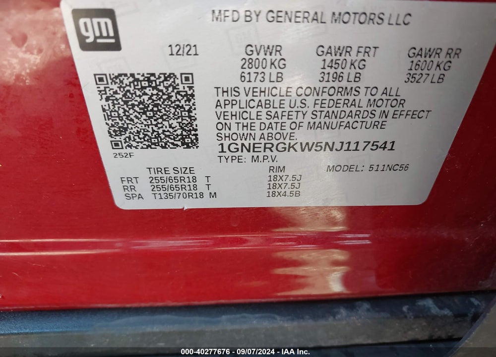 2022 CHEVROLET TRAVERSE FWD LT CLOTH VIN: 1GNERGKW5NJ117541