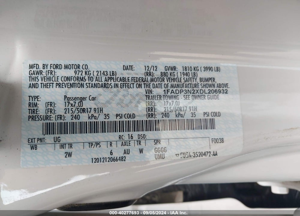 2013 FORD FOCUS TITANIUM VIN: 1FADP3N2XDL206932
