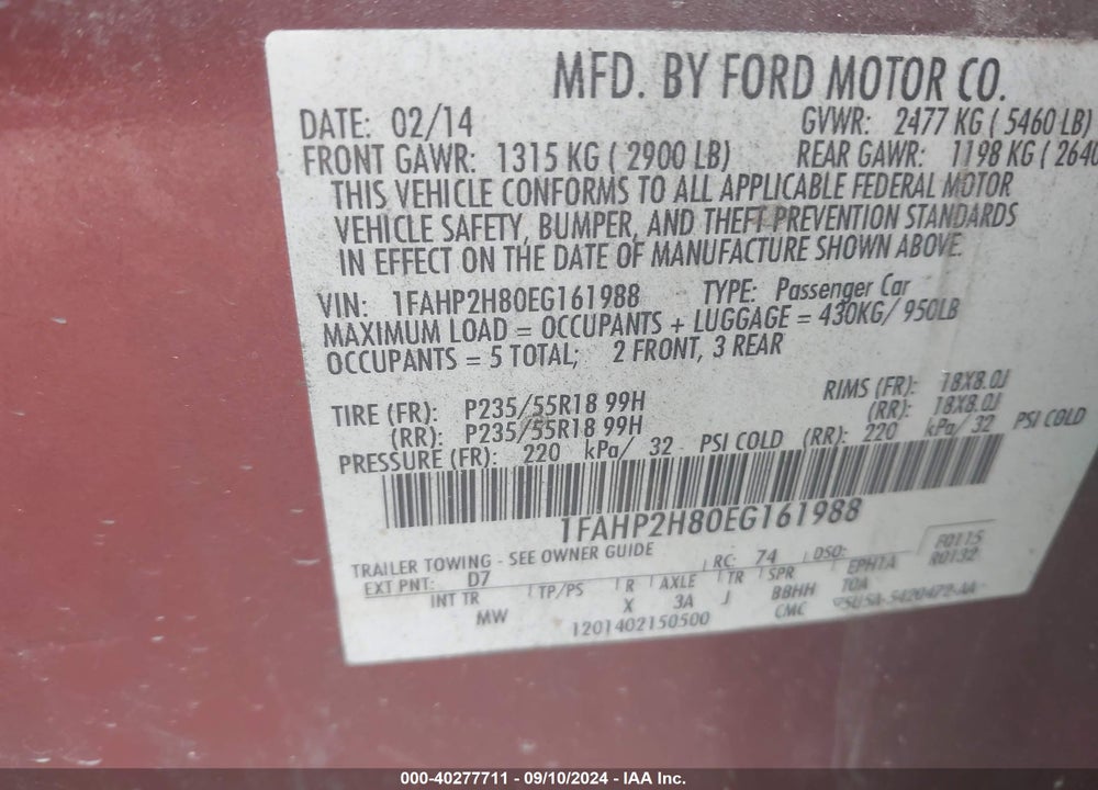 2014 FORD TAURUS SEL VIN: 1FAHP2H80EG161988