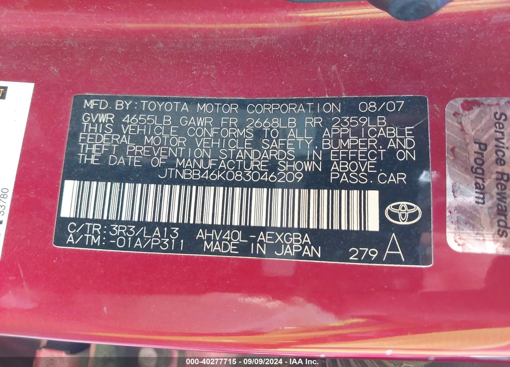 2008 TOYOTA CAMRY HYBRID VIN: JTNBB46K083046209