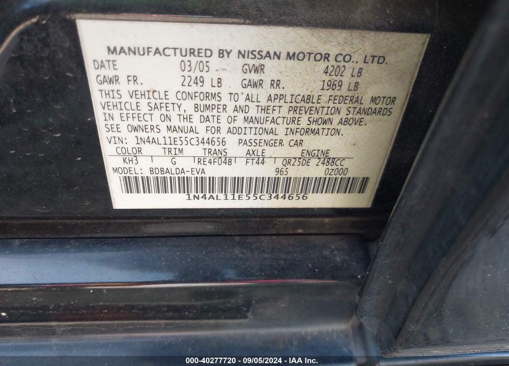 2005 NISSAN ALTIMA 2.5 S VIN: 1N4AL11E55C344656
