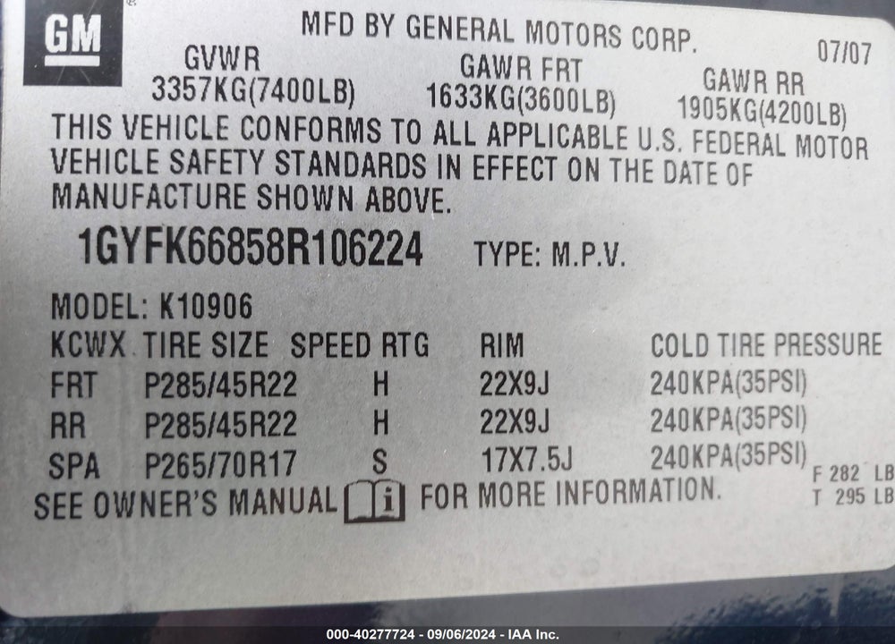 2008 CADILLAC ESCALADE ESV STANDARD VIN: 1GYFK66858R106224