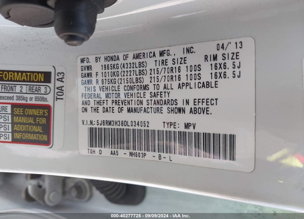 2013 HONDA CR-V VIN: 5J6RM3H38DL034052