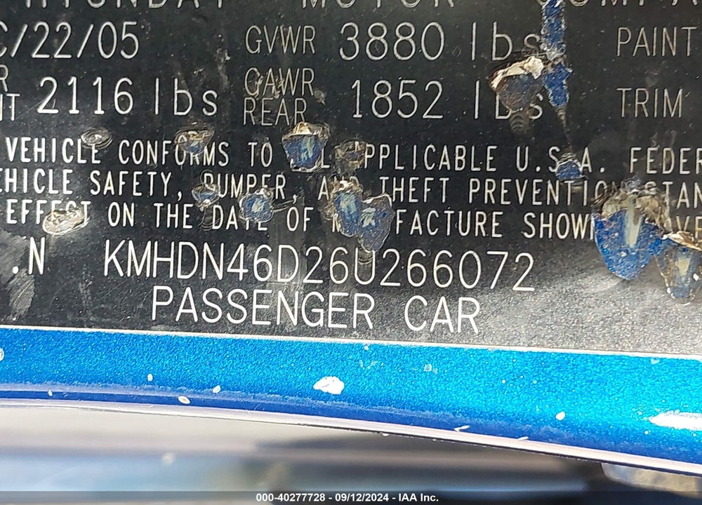 2006 HYUNDAI ELANTRA VIN: KMHDN46D26U266072