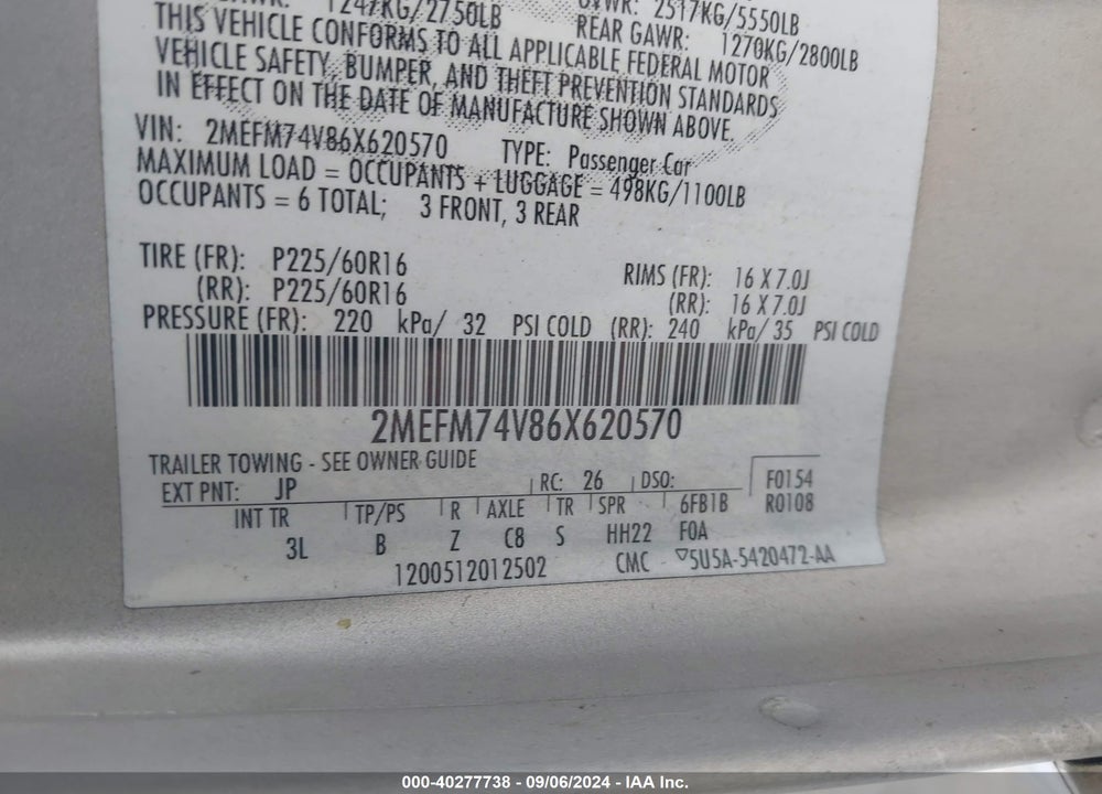 2006 MERCURY GRAND MARQUIS VIN: 2MEFM74V86X620570