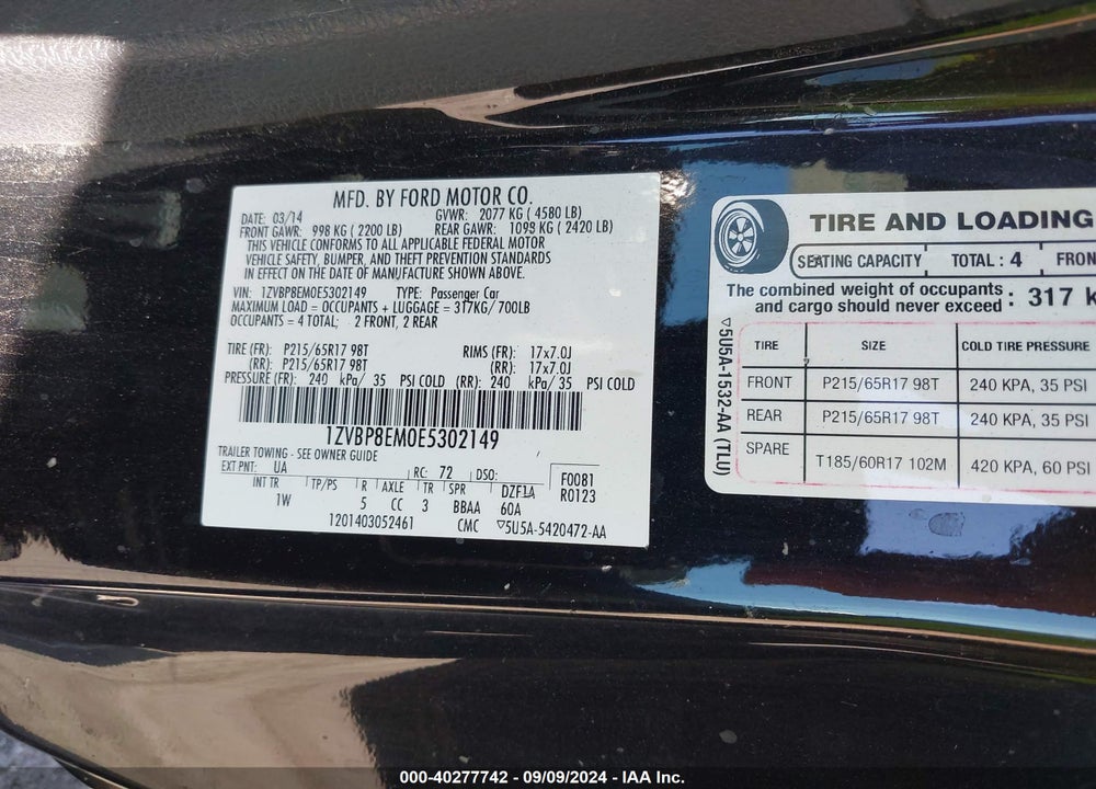 2014 FORD MUSTANG V6 VIN: 1ZVBP8EM0E5302149