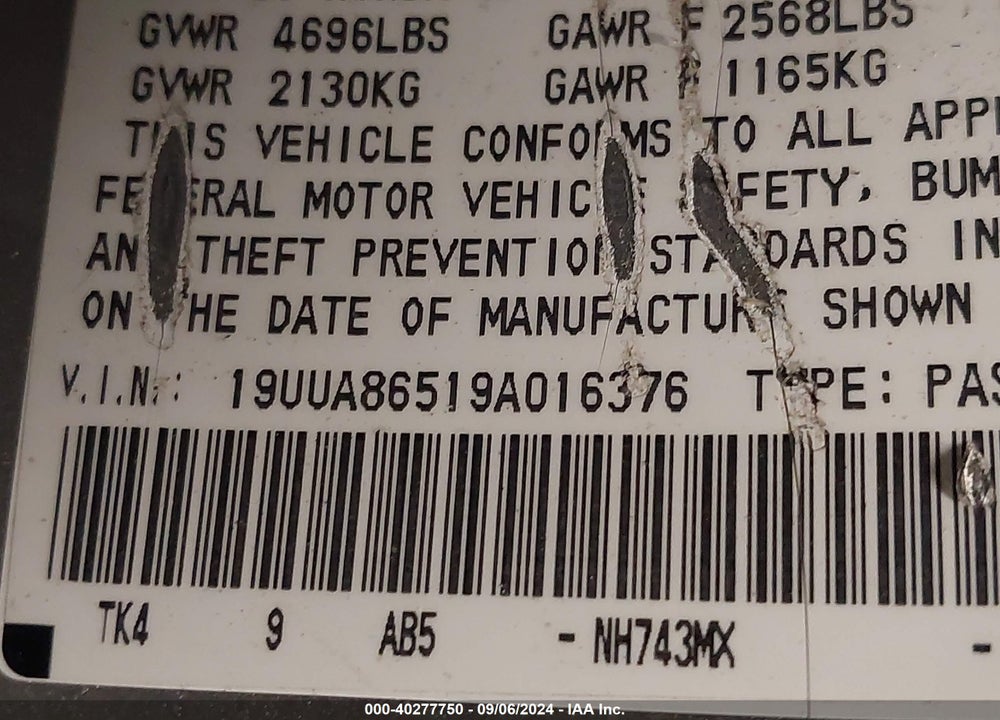2009 ACURA TL 3.5 VIN: 19UUA86519A016376