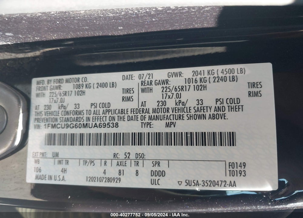 2021 FORD ESCAPE SE VIN: 1FMCU9G60MUA69538