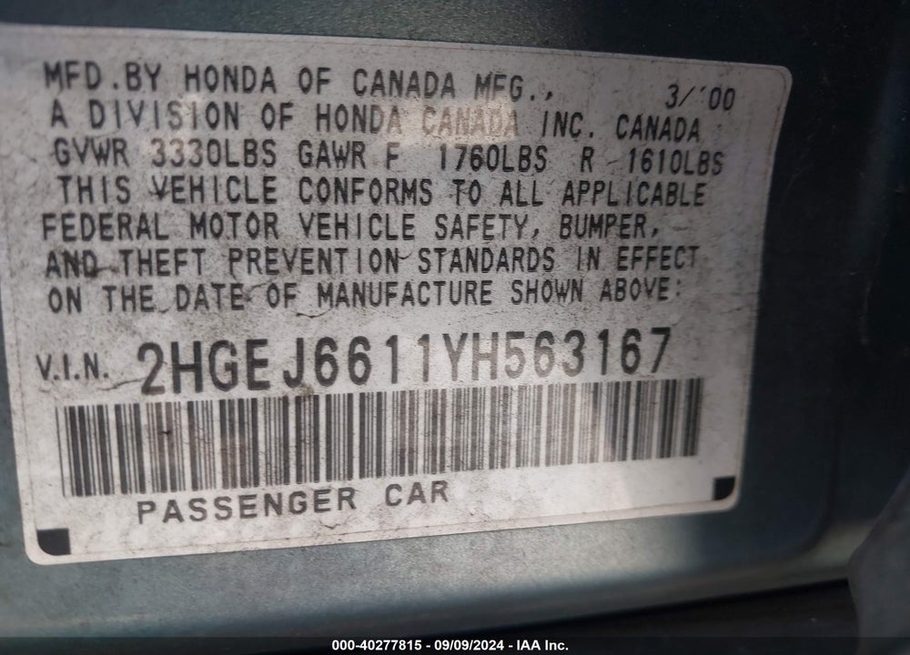 2000 HONDA CIVIC VALUE PACKAGE VIN: 2HGEJ6611YH563167