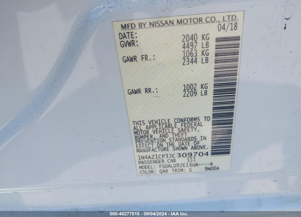2018 NISSAN LEAF SV VIN: 1N4AZ1CP3JC309704