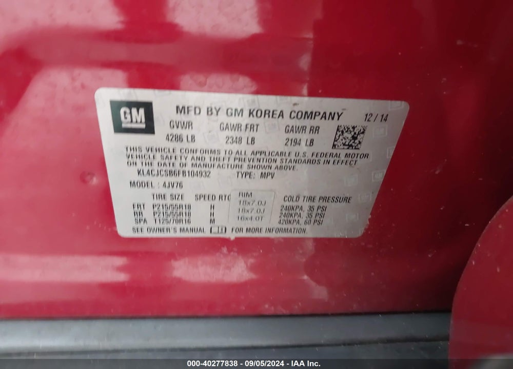 2015 BUICK ENCORE LEATHER VIN: KL4CJCSB6FB104932
