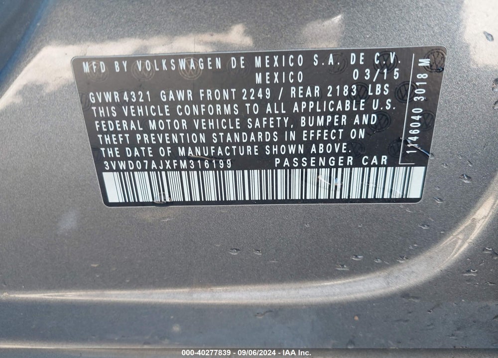 2015 VOLKSWAGEN JETTA 1.8T SE VIN: 3VWD07AJXFM316199