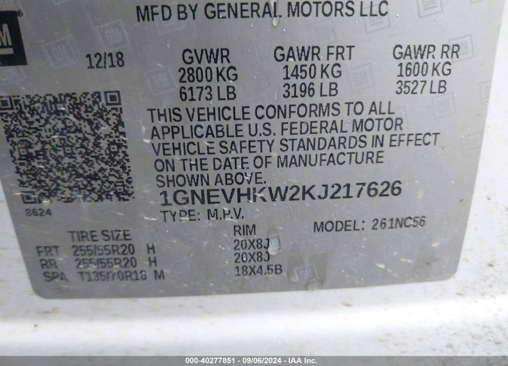 2019 CHEVROLET TRAVERSE 3LT VIN: 1GNEVHKW2KJ217626