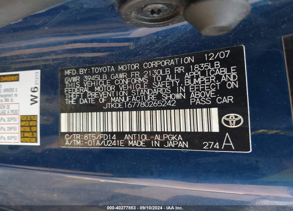 2008 SCION TC VIN: JTKDE167780265242