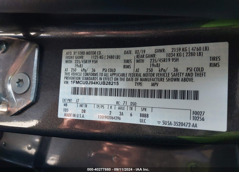 2019 FORD ESCAPE TITANIUM VIN: 1FMCU0J94KUB28215