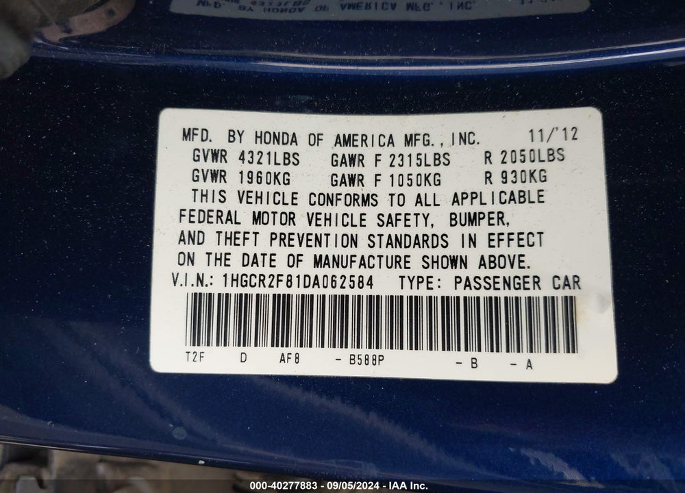 2013 HONDA ACCORD EX-L VIN: 1HGCR2F81DA062584