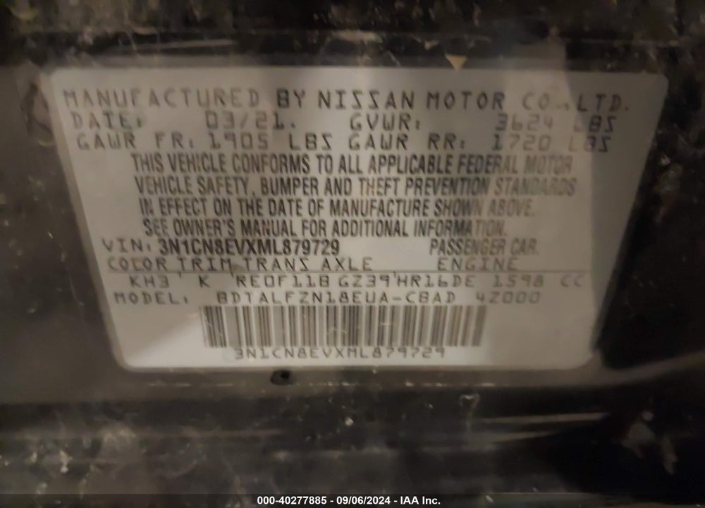 2021 NISSAN VERSA SV XTRONIC CVT VIN: 3N1CN8EVXML879729