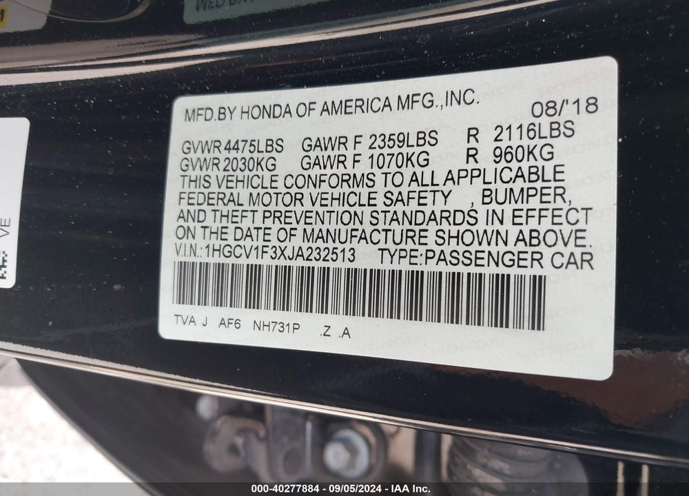 2018 HONDA ACCORD SPORT VIN: 1HGCV1F3XJA232513