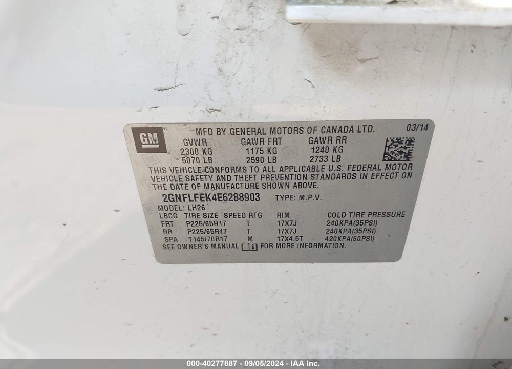 2014 CHEVROLET EQUINOX VIN: 2GNFLFEK4E6288903