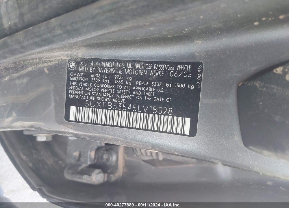 2005 BMW X5 4.4I VIN: 5UXFB53545LV18528