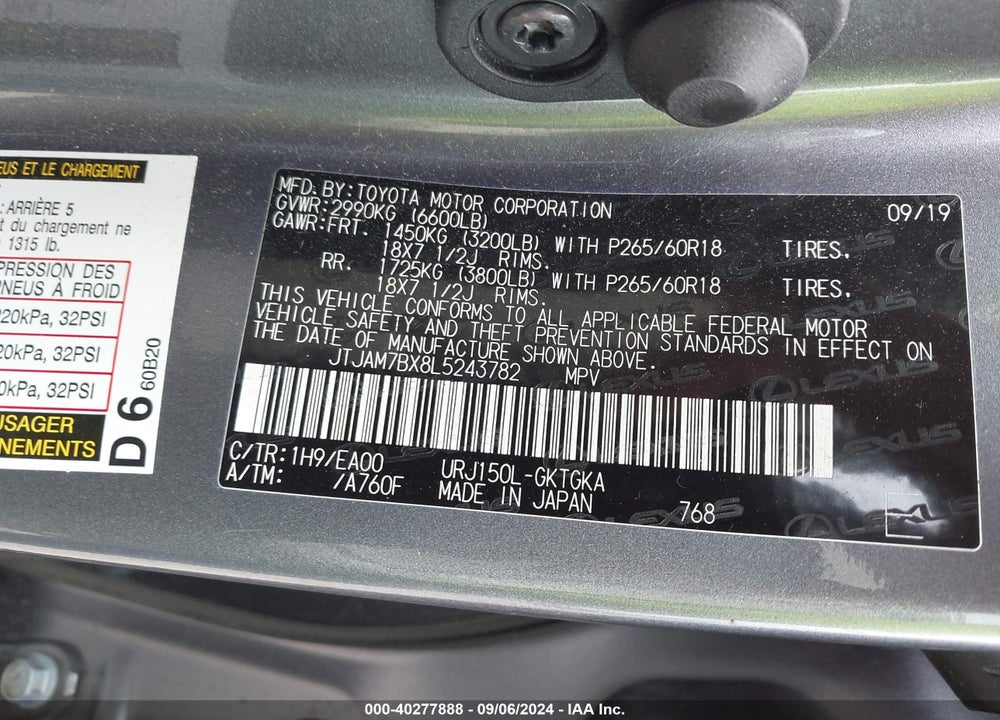 2020 LEXUS 460 PREMIUM VIN: JTJAM7BX8L5243782