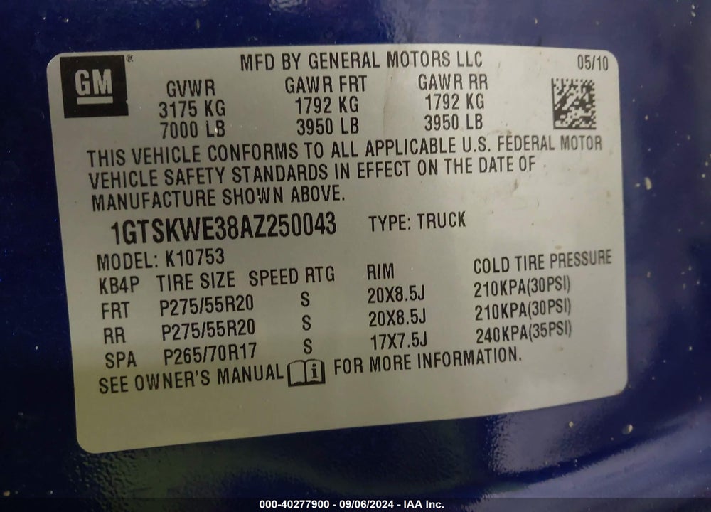 2010 GMC SIERRA 1500 SLT VIN: 1GTSKWE38AZ250043