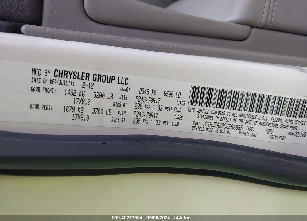 2012 JEEP GRAND CHEROKEE LAREDO VIN: 1C4RJEAG8CC260985