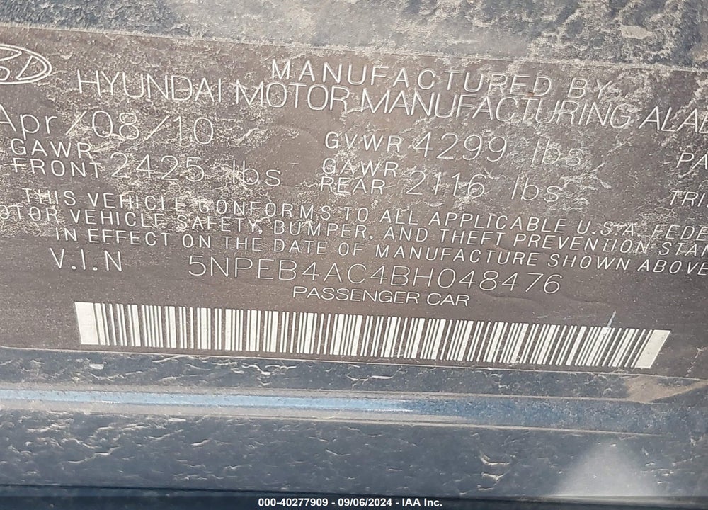 2011 HYUNDAI SONATA GLS VIN: 5NPEB4AC4BH048476