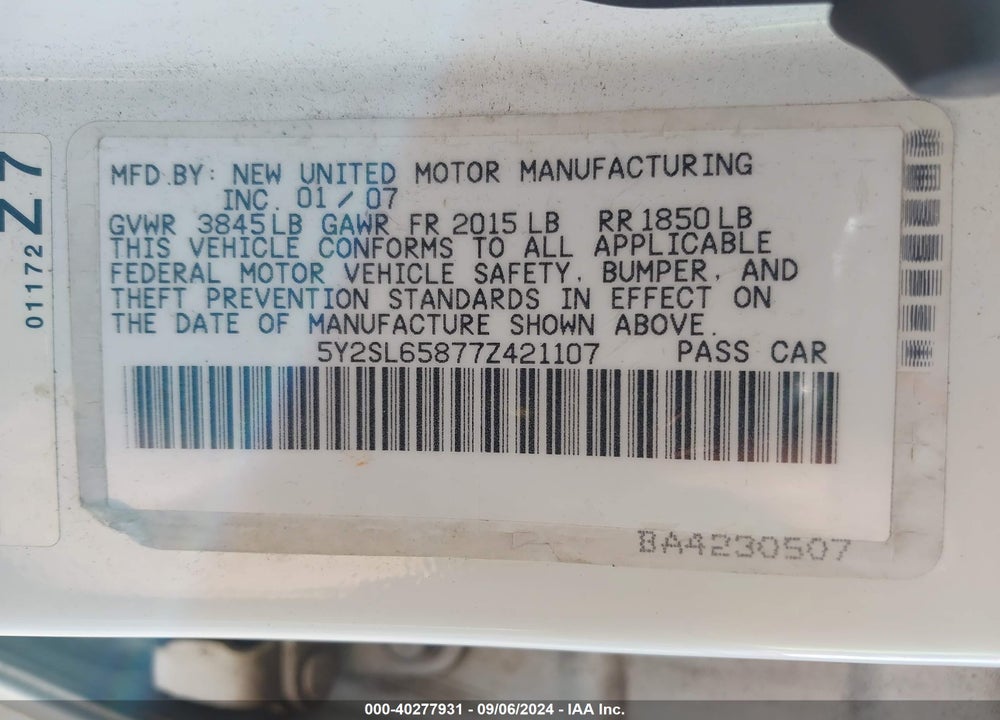 2007 PONTIAC VIBE VIN: 5Y2SL65877Z421107