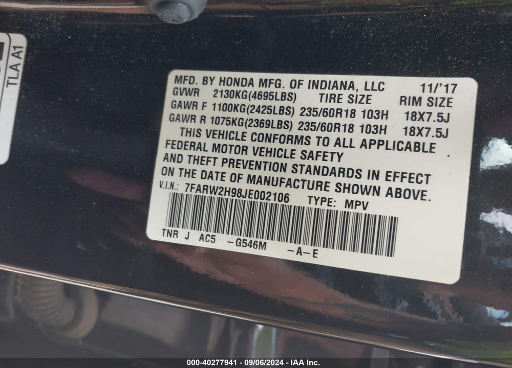 2018 HONDA CR-V TOURING VIN: 7FARW2H98JE002106