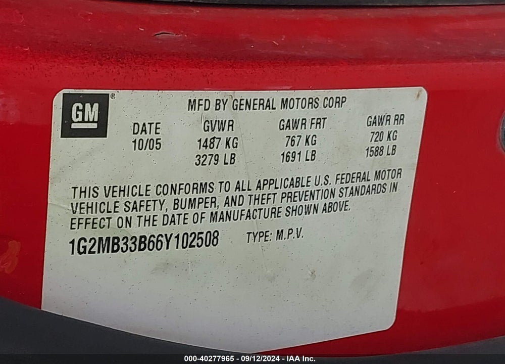 2006 PONTIAC SOLSTICE VIN: 1G2MB33B66Y102508