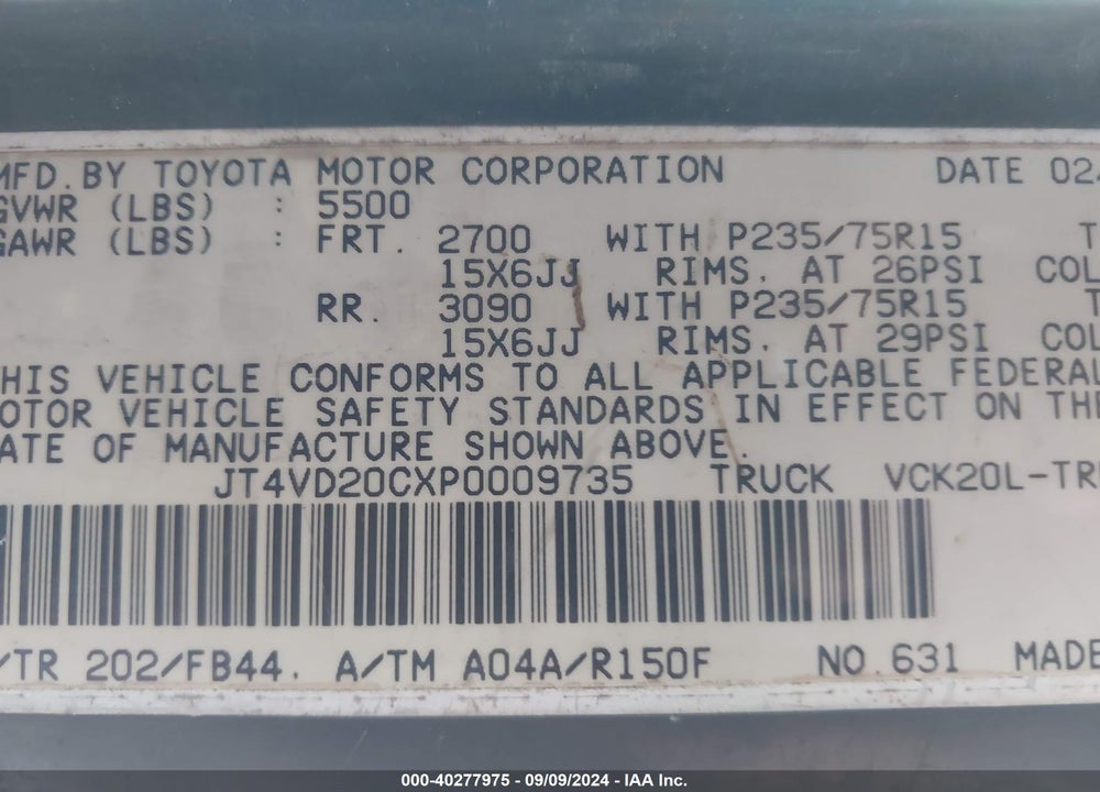 1993 TOYOTA T100 SR5 VIN: JT4VD20CXP0009735