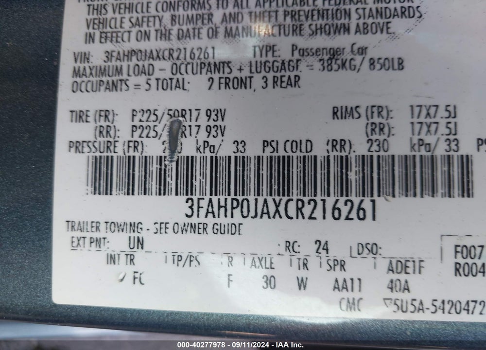 2012 FORD FUSION SEL VIN: 3FAHP0JAXCR216261