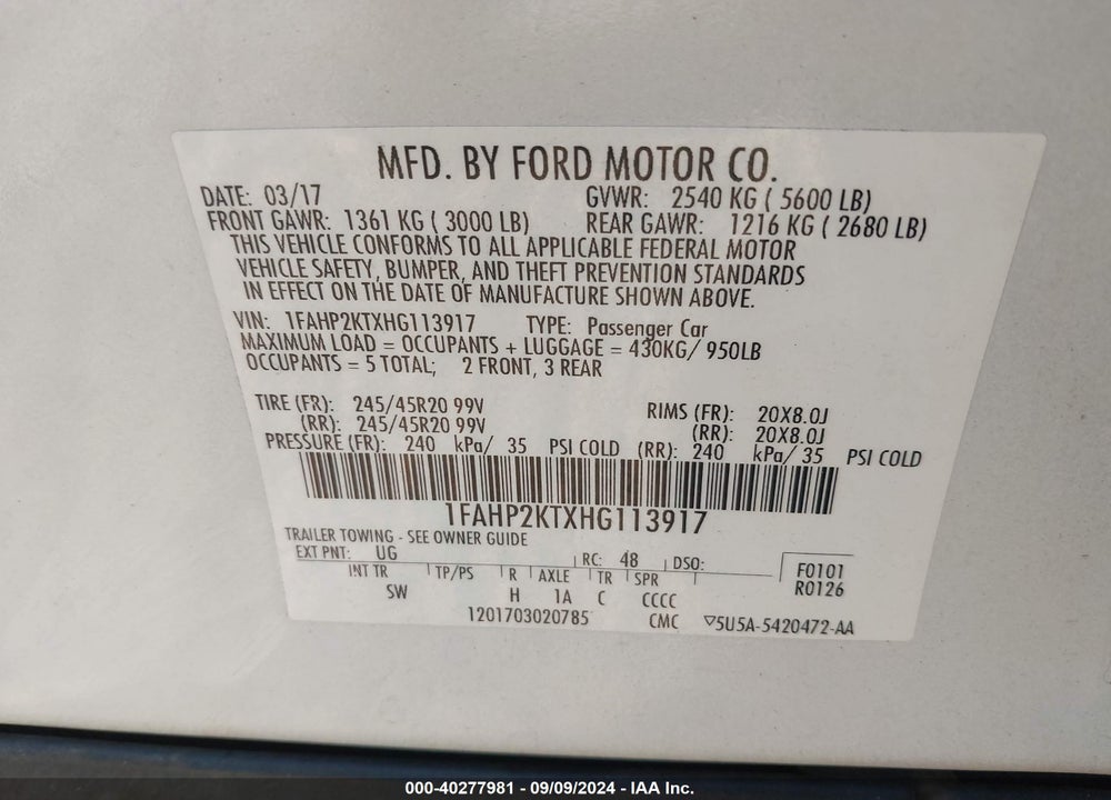 2017 FORD TAURUS SHO VIN: 1FAHP2KTXHG113917