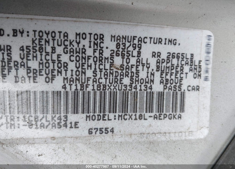 1999 TOYOTA AVALON XLS VIN: 4T1BF18BXXU334134